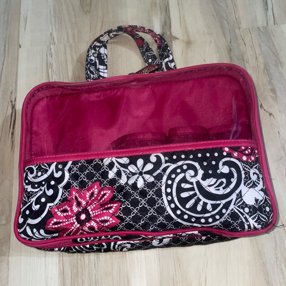 Modella Pink and Black Quilted Cosmetic Bag with Paisley Trim